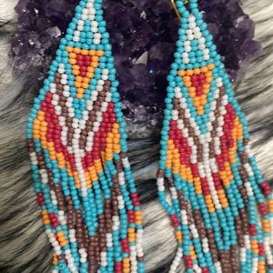NATIVE AMERICAN MULTI-COLOR SEED BEAD FRINGE EARRINGS